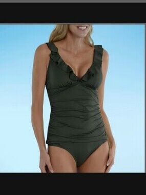 Olive Ruffle-Shoulder Women’s Swimsuit Top